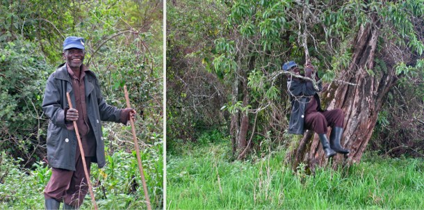 Batwa Trail pygny guide demonstrates hunting techniques in Uganda