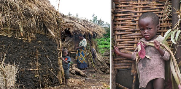 Batwa children outside their thatched mud huts in Mgahinga, Uganda