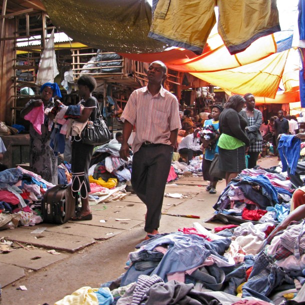Chaos in Owino market, Kampala, Uganda. Clothes stalls in Africa.