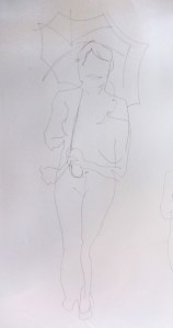 Life drawing of woman holding an umbrella. Pencil on paper.