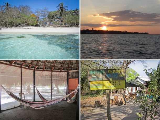 Colombian beach, sunset, hammocks and restaurant, Isla Grande